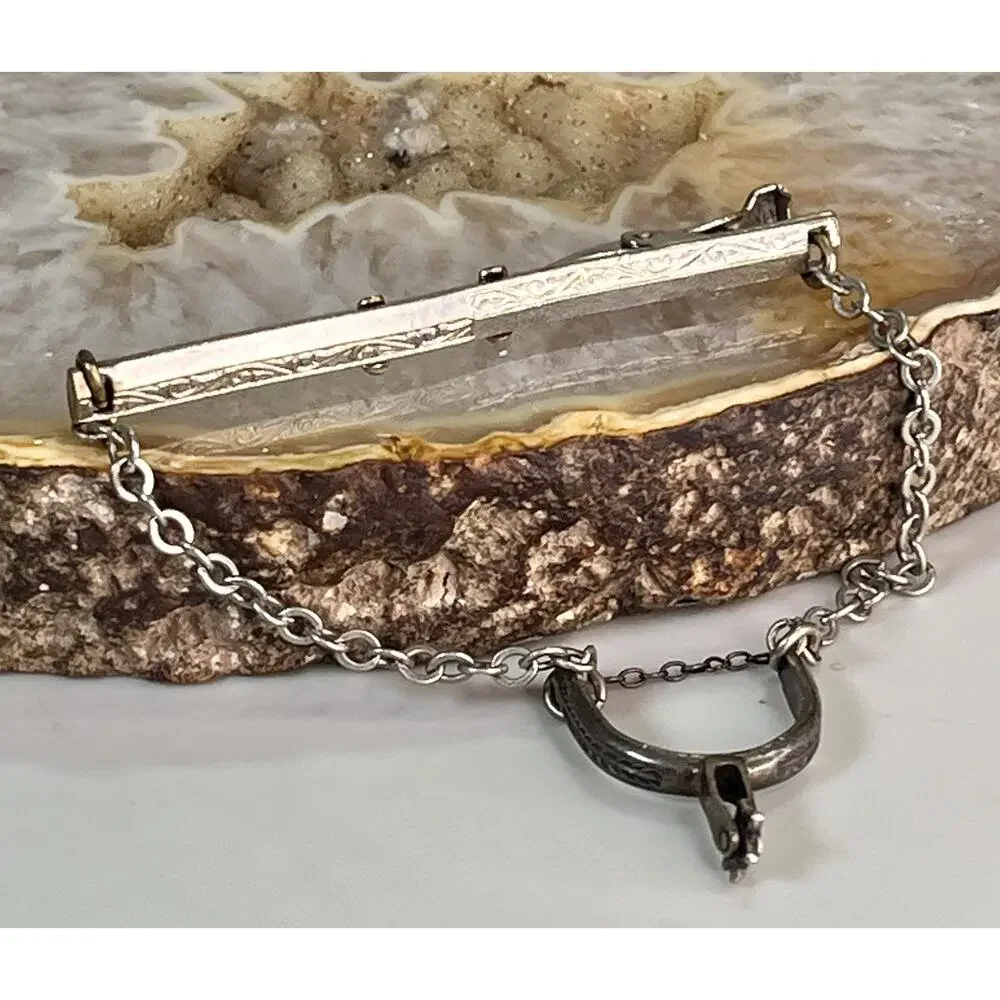 Vintage Sterling Silver Boot Spur Tie Clip Chain Silver Tone Western Cowboy 3”
